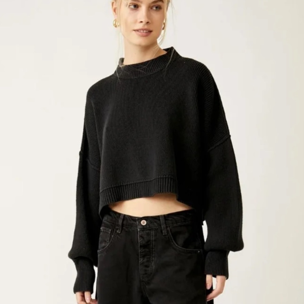 Free People Easy Street Black Cropped Knit Sweater